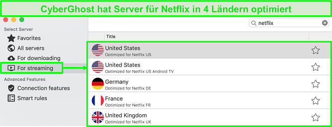 Screenshot der CyberGhost-App-Oberfläche mit optimierten Servern für das Streaming von Netflix