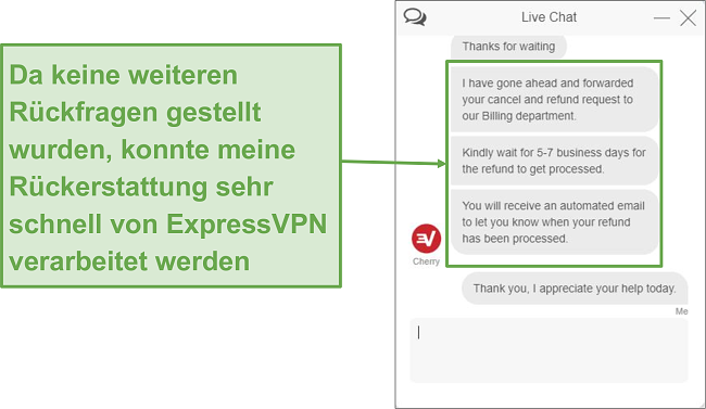 Screenshot der ExpressVPN-Rückerstattung über den Live-Chat.
