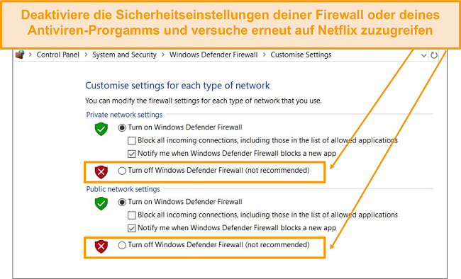 Screenshot der Firewall- und Sicherheitseinstellungen.