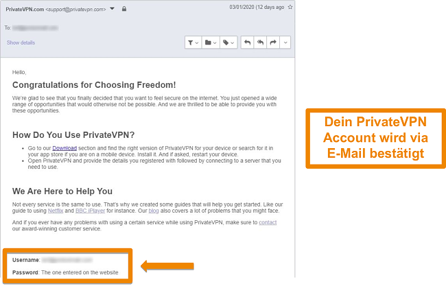 Screenshot einer PrivateVPN-E-Mail-Bestätigung nach der Anmeldung für ein Konto