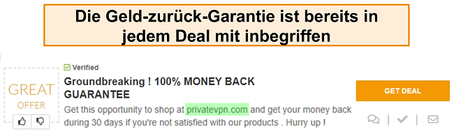 Screenshot eines PrivateVPN-Gutscheins mit Werbung für eine Geld-zurück-Garantie als 