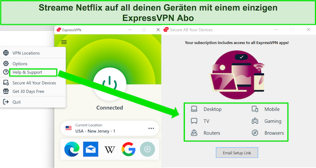 Screenshot der ExpressVPN-Windows-App mit Geräteoptionen für die Verwendung von ExpressVPN