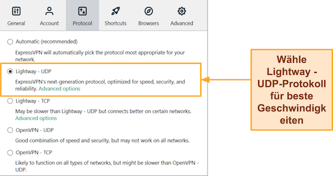 Screenshot der ExpressVPN-Schnittstelle mit ausgewähltem Lightway – UDP-Protokoll
