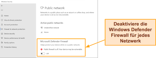 Screenshot der Windows-Sicherheits-App mit deaktivierter Microsoft Defender-Firewall