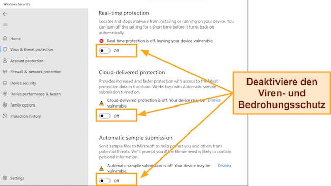 Screenshot der Windows-Sicherheits-App mit deaktiviertem Viren- und Bedrohungsschutz