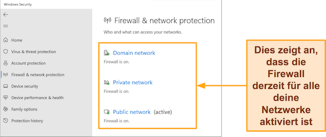 Screenshot der Windows-Sicherheits-App, der den Firewall- und Netzwerkschutzstatus zeigt