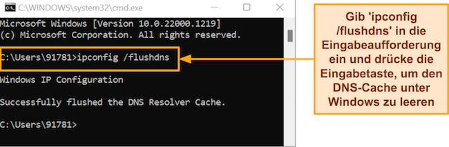 Screenshot der Eingabeaufforderung, bei der der Befehl zum Löschen des DNS-Cache ausgeführt wird