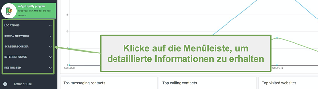 Screenshot der Menüleiste mit detaillierten Informationen