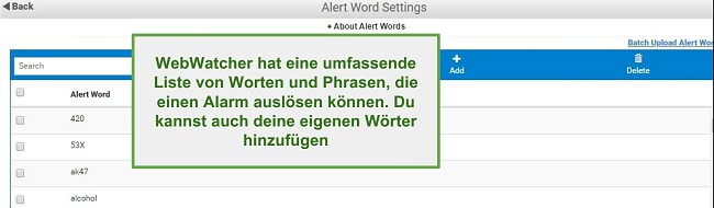 Screenshot von Webwatcher-Warnwörtern