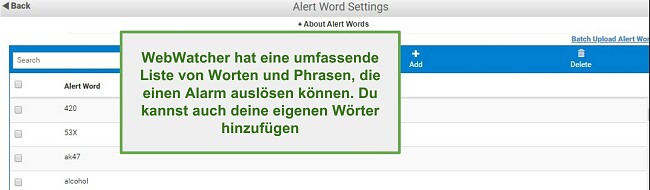 Screenshot von Webwatcher-Warnwörtern