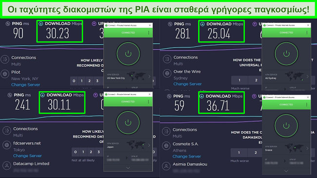 Στιγμιότυπα οθόνης δοκιμών ταχύτητας Ookla με PIA συνδεδεμένο σε διαφορετικούς παγκόσμιους διακομιστές.