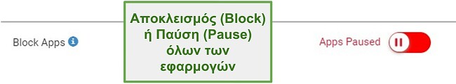 Στιγμιότυπο οθόνης των εφαρμογών αποκλεισμού ή παύσης του Webwatcher