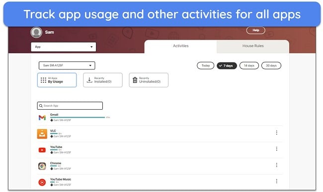 Screenshot of Norton Family's app usage tracking on a child's Android device