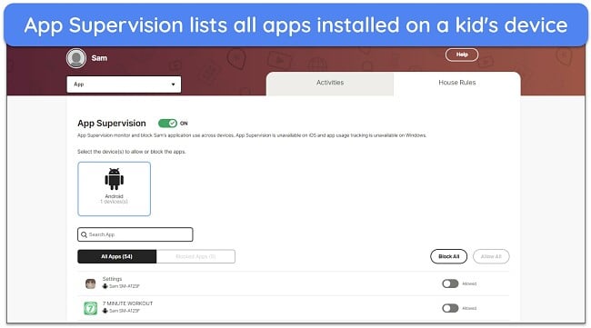 Screenshot of all apps detected in Norton Family's App Supervision