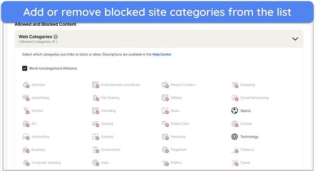 Screenshot showing the list of blocked sites on Norton Family School Time feature