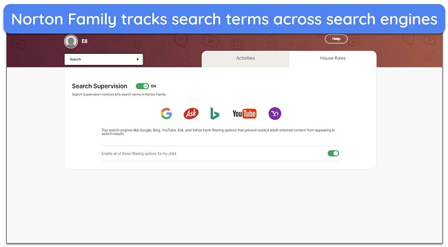 Screenshot showing all supported search engines in Search Filtering