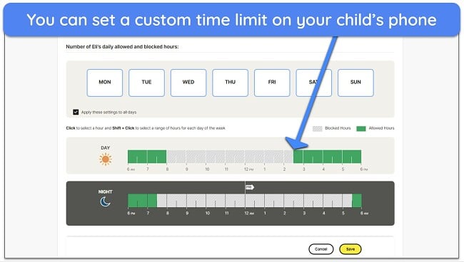 Screenshot of allowed and blocked hours in Norton Family Time Limits