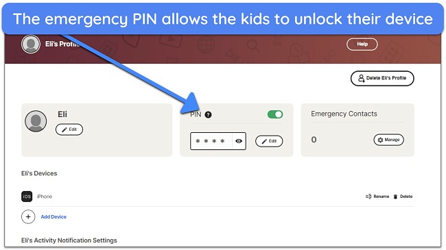 Screenshot showing where the 4-digit PIN is located in the parent's dashboard