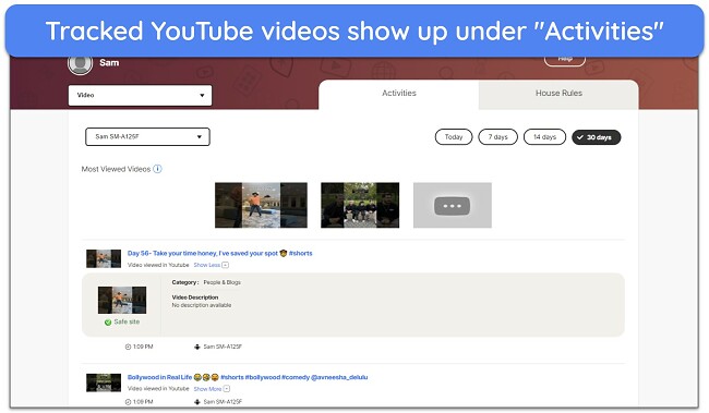 Screenshot of tracked videos under Video Supervision in Norton Family