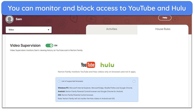 Screenshot of Video Supervision of YouTube and Hulu in Norton Family