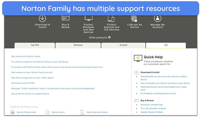 Screenshot of Norton Family customer support options