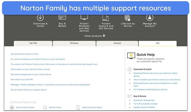 Screenshot of Norton Family customer support options