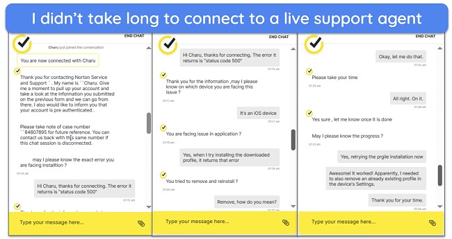  Screenshot of live chat with Norton Family customer support agent