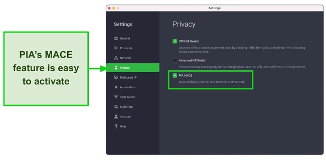 Screenshot of PIA's app showing MACE turned on