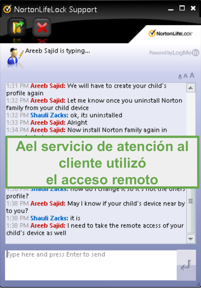 Conexión remota de soporte al cliente de Norton Family