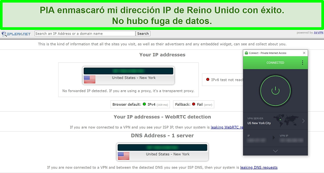 Captura de pantalla de los resultados de la prueba de fugas de IP con PIA conectado a un servidor de EE. UU.