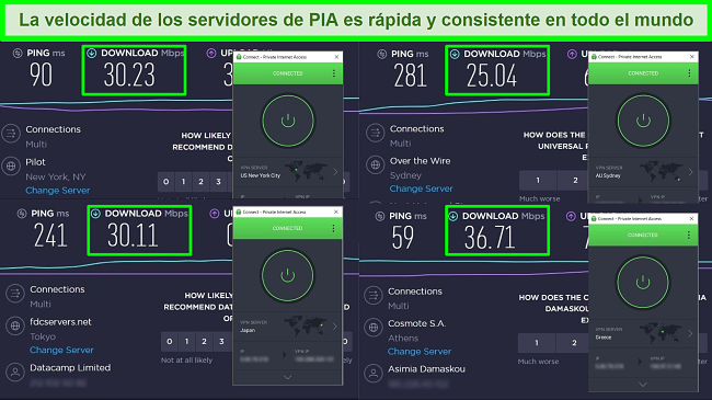 Capturas de pantalla de las pruebas de velocidad de Ookla con PIA conectado a diferentes servidores globales.