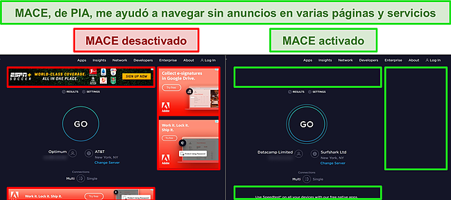 Capturas de pantalla de los sitios web de Ookla con la función MACE de PIA activada y desactivada, destacando la diferencia en la cantidad de anuncios que se ven en cada página.