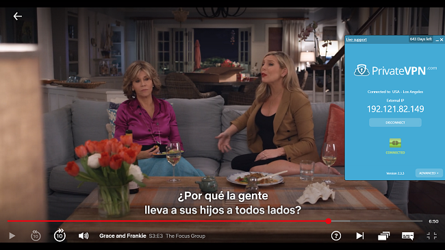 Captura de pantalla de PrivateVPN conectada al servidor de EE. UU. Con Grace y Frankie transmitiendo en Netflix EE. UU.