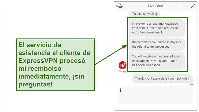 Screenshot of ExpressVPN refund request over live chat.