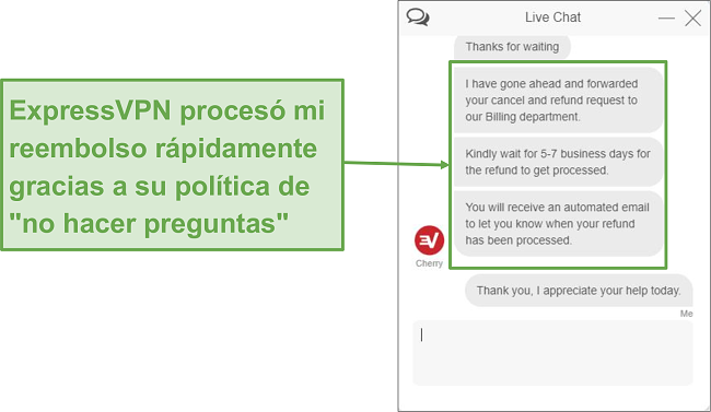 Captura de pantalla de la solicitud de reembolso a través del chat en vivo.