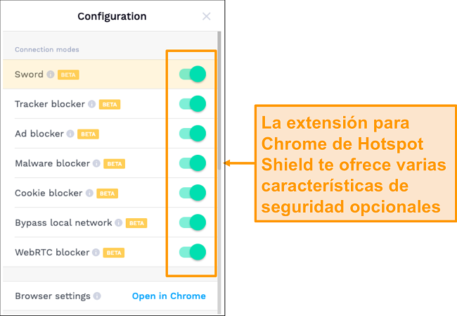 Captura de pantalla de las funciones de seguridad de la extensión de Chrome de HotSpot Shield.