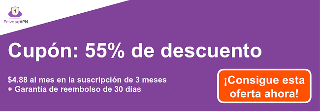 Gráfico de un cupón de PrivateVPN en funcionamiento con un 55% de descuento en una suscripción de 3 meses y una garantía de devolución de dinero de 30 días