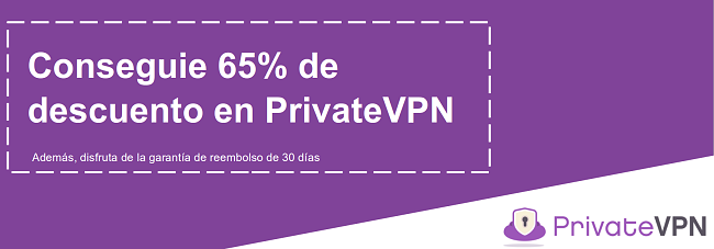 Gráfico de un cupón de PrivateVPN en funcionamiento que ofrece un descuento del 65% con una garantía de devolución de dinero de 30 días