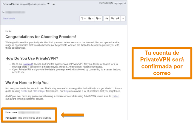 Captura de pantalla de una confirmación por correo electrónico de PrivateVPN después de registrarse para obtener una cuenta
