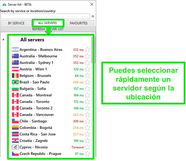 Captura de pantalla de las ubicaciones del servidor PrivateVPN en la lista 