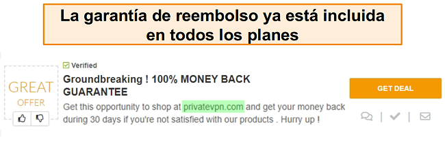 Captura de pantalla de un cupón de PrivateVPN que anuncia una garantía de devolución de dinero como un "trato"