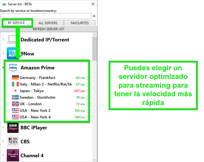 Captura de pantalla de las opciones del servidor de transmisión para PrivateVPN