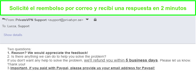 Captura de pantalla de PrivateVPN respondiendo rápidamente a mi solicitud de reembolso por correo electrónico