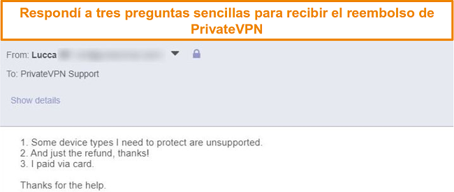 Captura de pantalla de las respuestas para solicitar un reembolso de PrivateVPN por correo electrónico