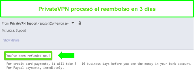 Captura de pantalla de la respuesta de PrivateVPN después de procesar un reembolso