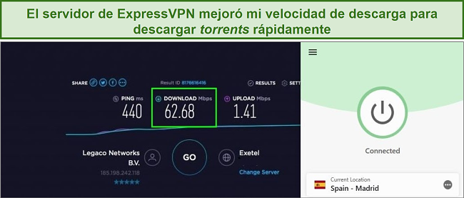 Screenshot of speed test results while connected to ExpressVPN.