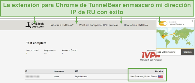 Captura de pantalla de los resultados de la prueba de fugas de DNS cuando se conecta a TunnelBear.