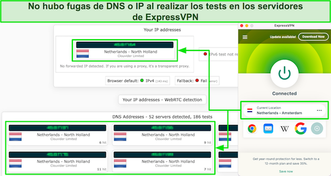 Captura de pantalla de los resultados de la prueba de fugas de ExpressVPN