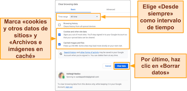 Captura de pantalla de Google Chrome que muestra la configuración para borrar el caché y las cookies