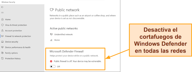 Captura de pantalla de la aplicación de seguridad de Windows que muestra el Firewall de Microsoft Defender desactivado